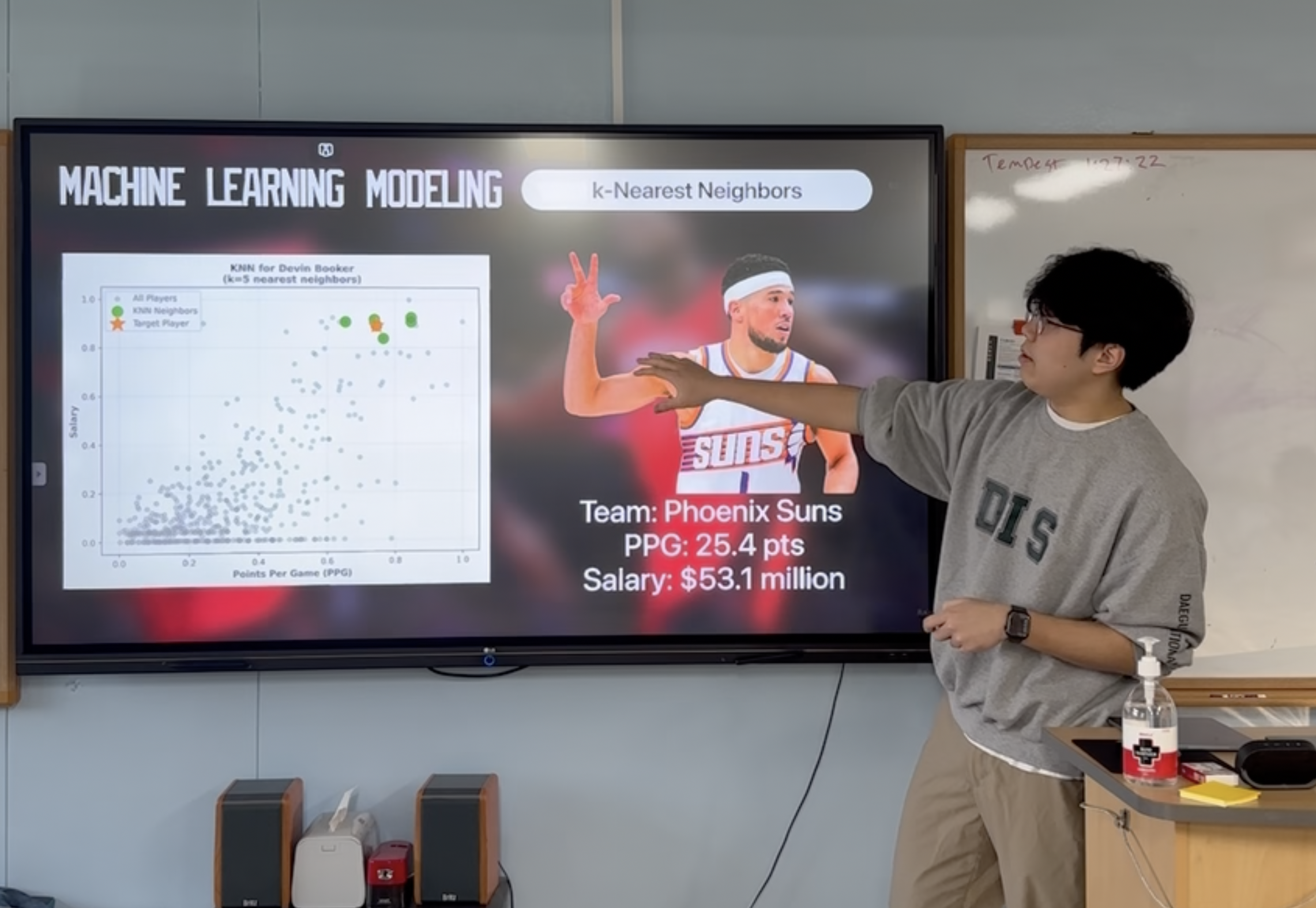 Oliver Park presenting machine-learning research on NBA player salaries